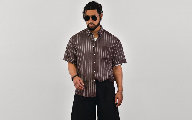 Striped Linen Short Sleeve-Shirt 722
