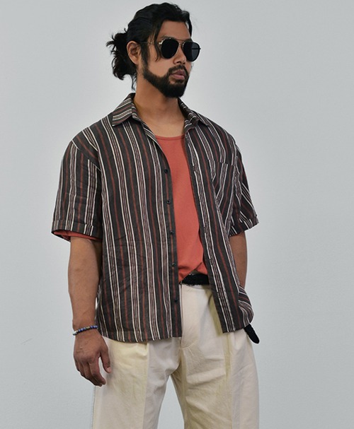 Natural Linen Stripe Short Sleeve-Shirt 728
