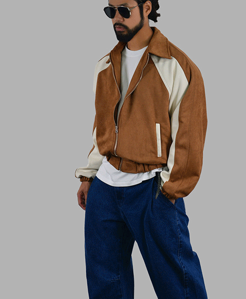 Suede Raglan Color Combination Loose Fit Jacket-Leather 236